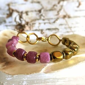 Natural Dark Pink Morganite & Gold Nugget In Half & Half Assymetrical Bracelet